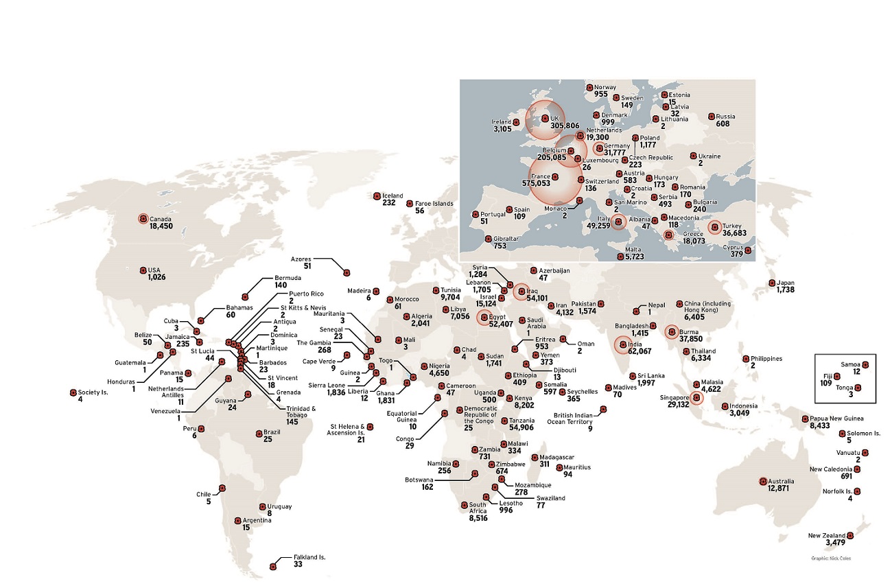 An image of the Commonwealth War Graves Commission's map illustrating all of the memorials around the world they maintain.