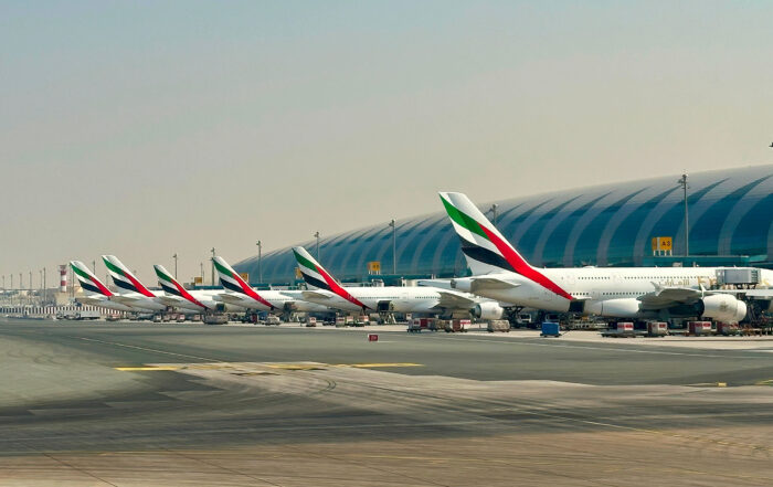 Row of planes parked at Dubai airtport